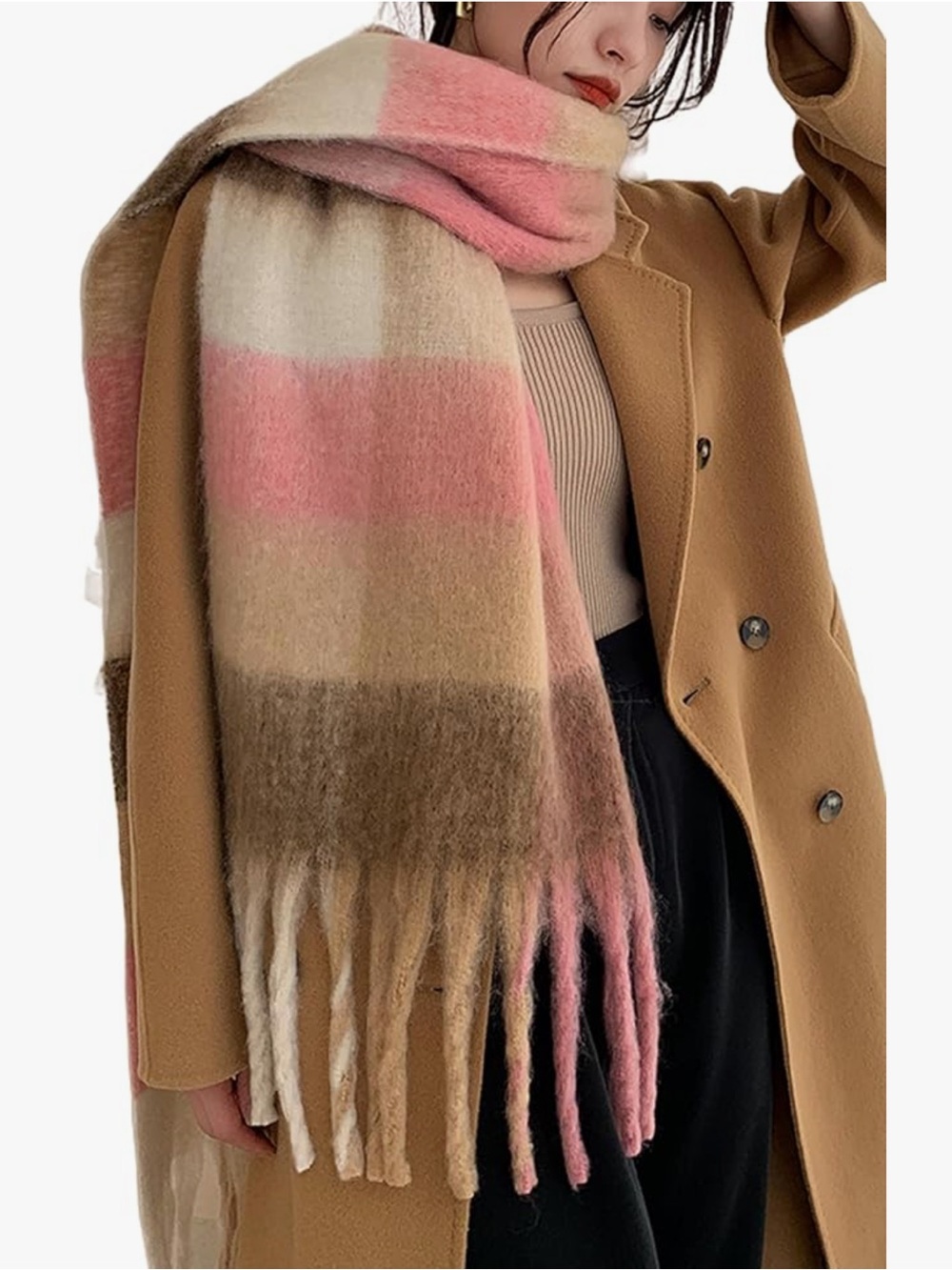 Women’s Oversized Plaid Fringe Scarf in Pink and Beige